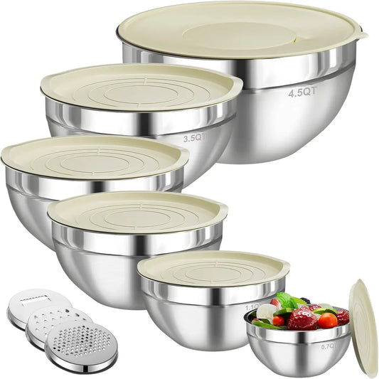 6-Piece Stainless Steel Mixing Bowl Set with Lids & 3 Grinder Attachments - Nesting Kitchen Storage, Airtight Food Organizer for Cooking & Baking